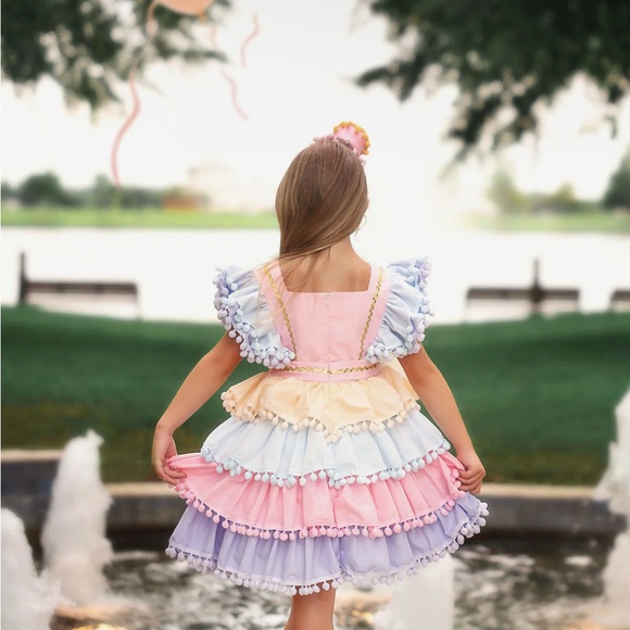 Colorful Layered Ruffle Dress with Bow - Picture 2 of 2